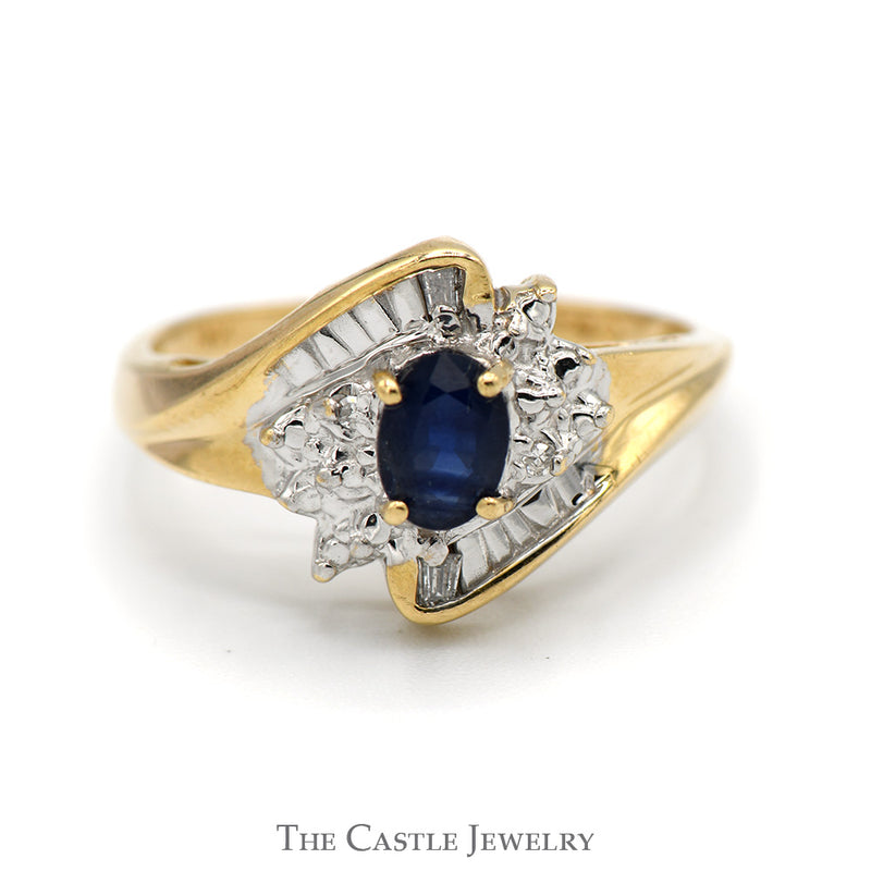 Oval Sapphire Ring with Illusion Set Diamond Accents in 14k Yellow Gold