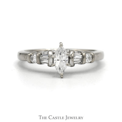 Marquise Diamond Engagement Ring .38CT With Channel-Set Baguette Cut And Round Diamond Sides .50CTTW In 14KT White Gold
