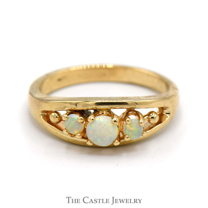 Three Stone Opal Ring with Beaded Accents in 14k Yellow Gold