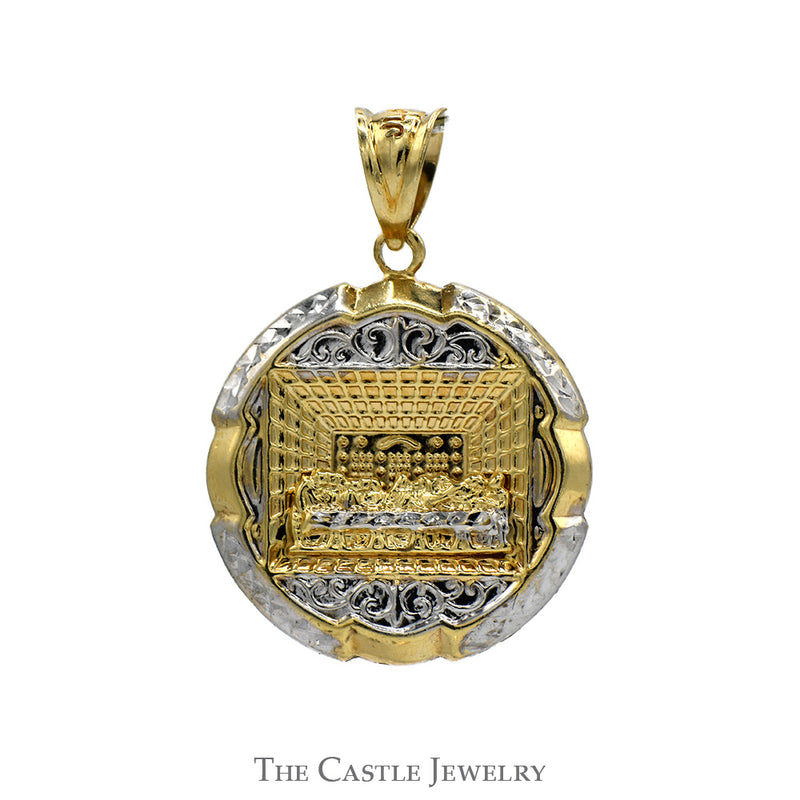 Last Supper Designed Disc Pendant in Two Tone 10k White & Yellow Gold