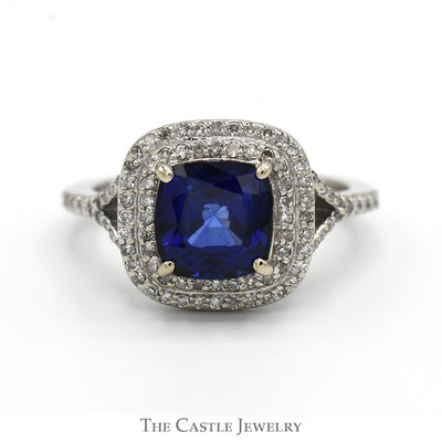 Effy Designer Cushion Cut Sapphire Ring with Double Diamond Halo and Accents in 14k White Gold