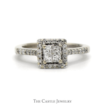 Princess Cut Diamond Engagement Ring With Invisi-set Diamonds With Halo And Diamond Sides .38CTTW In 14KT White Gold