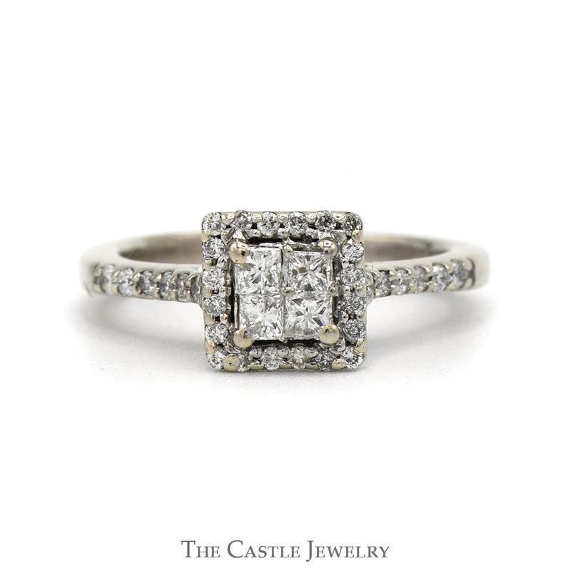 Princess Cut Diamond Engagement Ring With Invisi-set Diamonds With Halo And Diamond Sides .38CTTW In 14KT White Gold