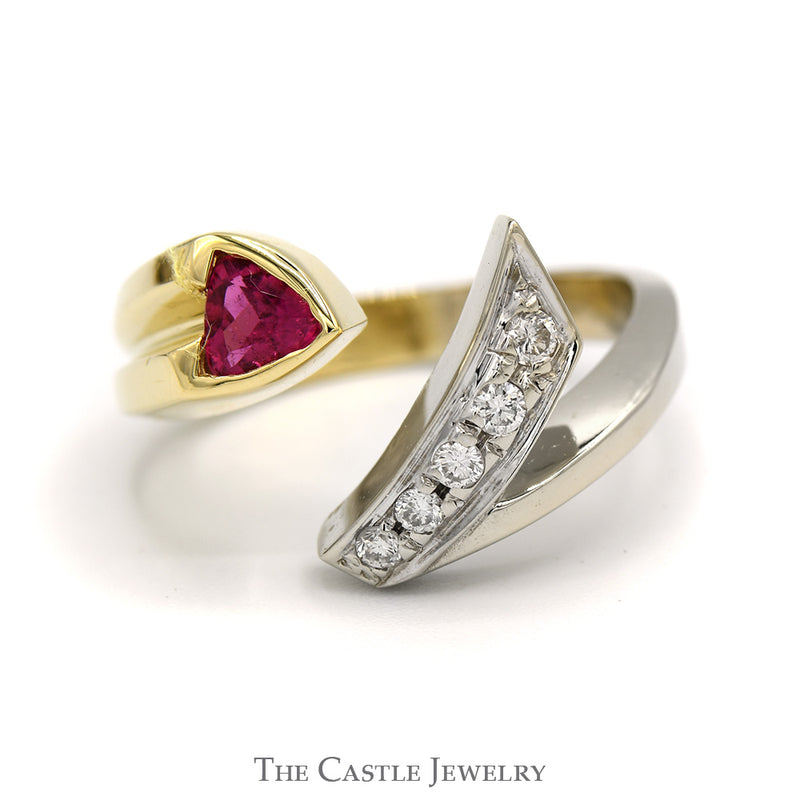 Trillion Cut Pink Tourmaline Ring with Diamond Accents in 14k Two Tone White & Yellow Gold