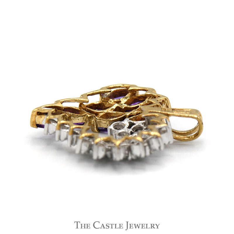 Open Heart Shaped Marquise Cut Amethyst & Round Diamond Cluster Pendant in 10k Yellow Gold