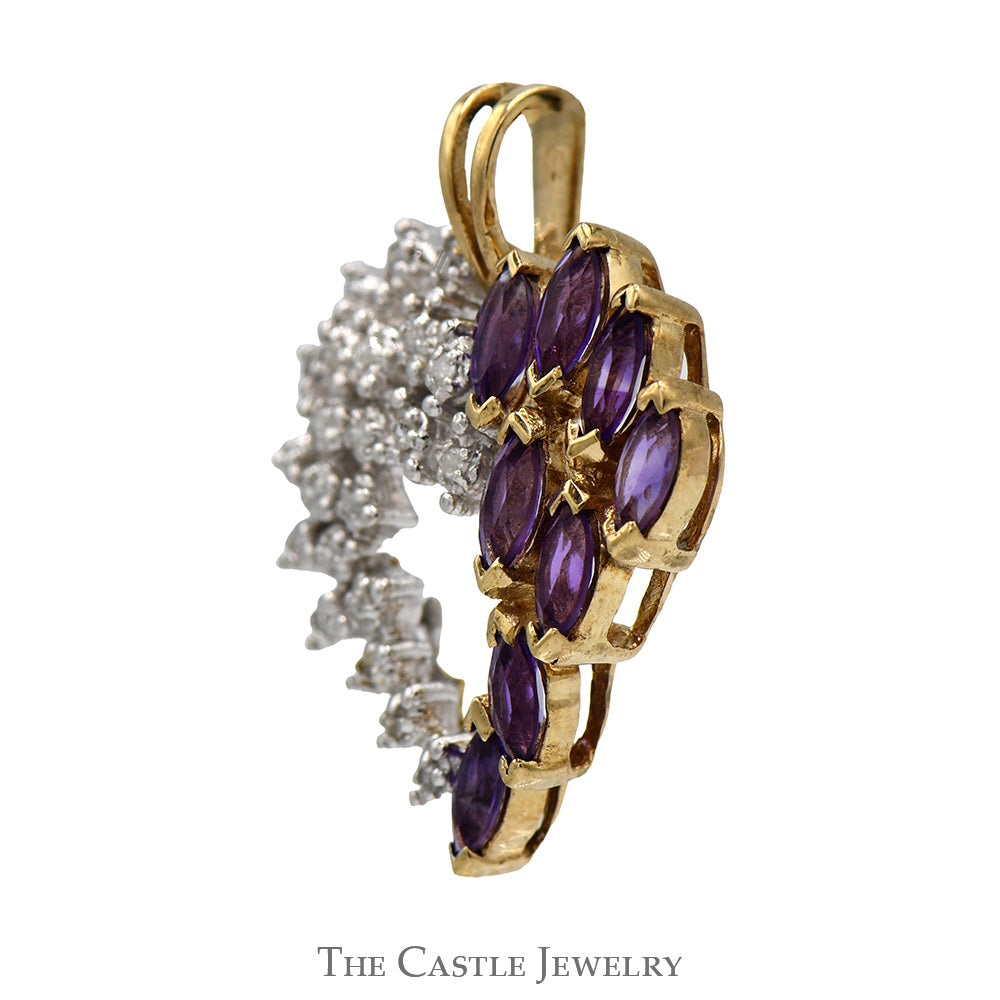 Open Heart Shaped Marquise Cut Amethyst & Round Diamond Cluster Pendant in 10k Yellow Gold