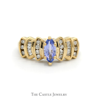 Marquise Cut Tanzanite Ring with Round & Baguette Cut Diamond Accents in 10k Yellow Gold