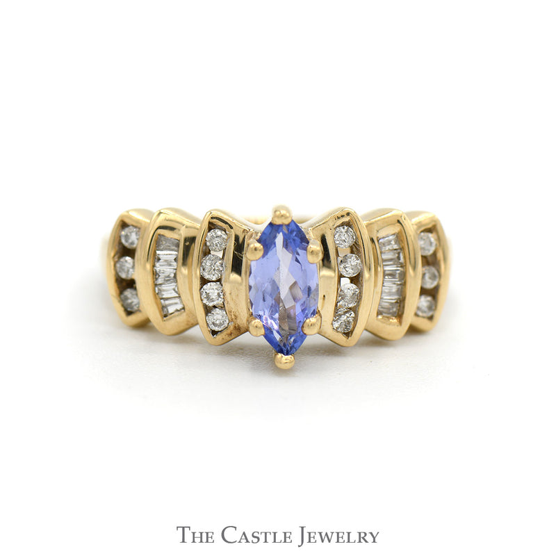 Marquise Cut Tanzanite Ring with Round & Baguette Cut Diamond Accents in 10k Yellow Gold