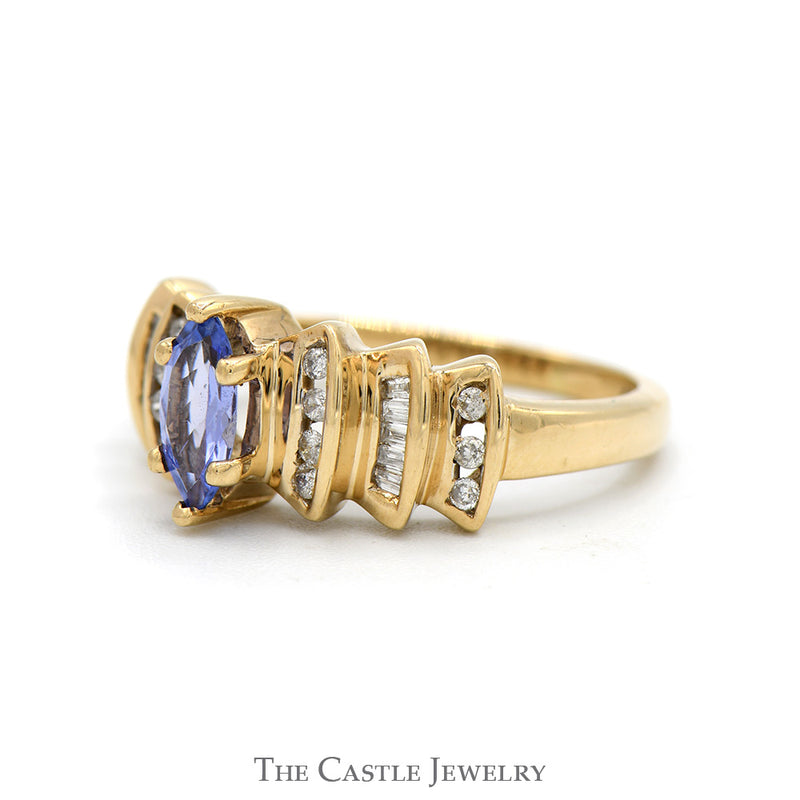 Marquise Cut Tanzanite Ring with Round & Baguette Cut Diamond Accents in 10k Yellow Gold