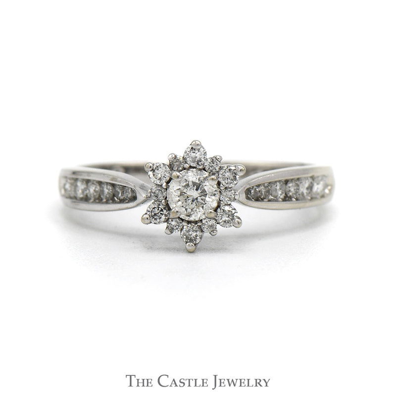 Flower Design Engagement Ring .38CTTW With .15CT Round Diamond And Diamonds In Halo And Down Sides In 10KT White Gold