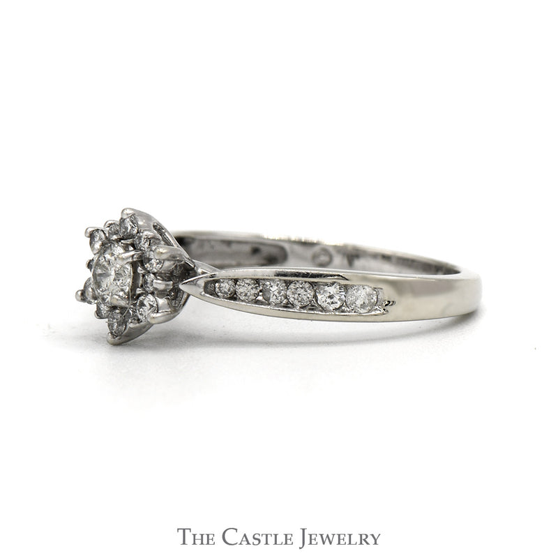 Flower Design Engagement Ring .38CTTW With .15CT Round Diamond And Diamonds In Halo And Down Sides In 10KT White Gold