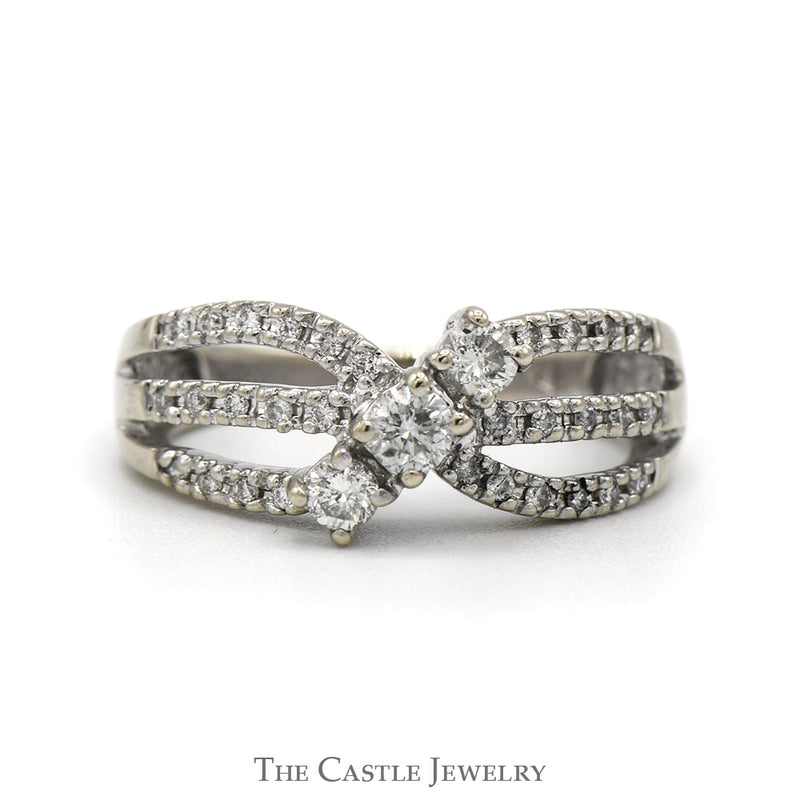 Three Stone Diamond Ring with Open Split Shank Diamond Accented Sides in 14k White Gold