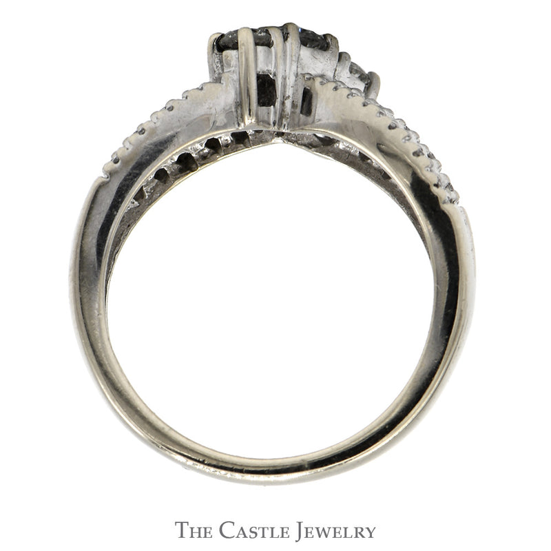 Three Stone Diamond Ring with Open Split Shank Diamond Accented Sides in 14k White Gold