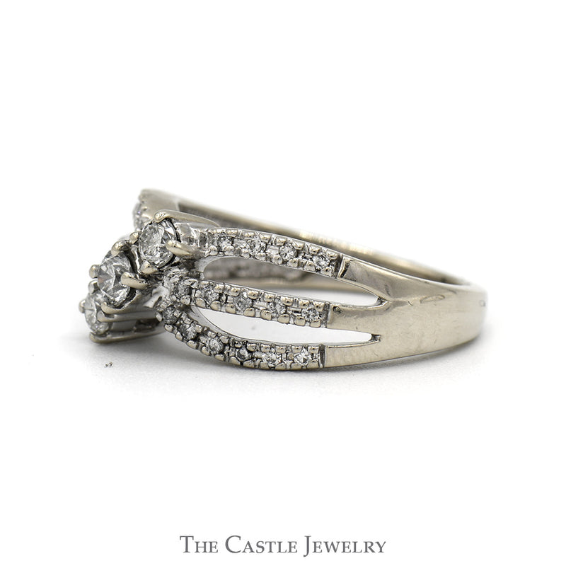 Three Stone Diamond Ring with Open Split Shank Diamond Accented Sides in 14k White Gold