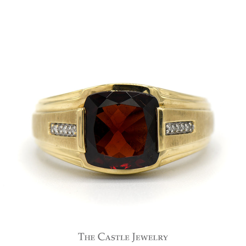 Cushion Cut Garnet Ring with Illusion Set Diamond Accents in 10k Yellow Gold
