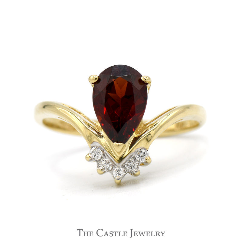 Pear Cut Garnet Ring with Diamond Accents in 14k Yellow Gold "V" Shaped Setting