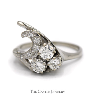 Triple Diamond Swirled Freeform Ring with Diamond Accents in 10k White Gold