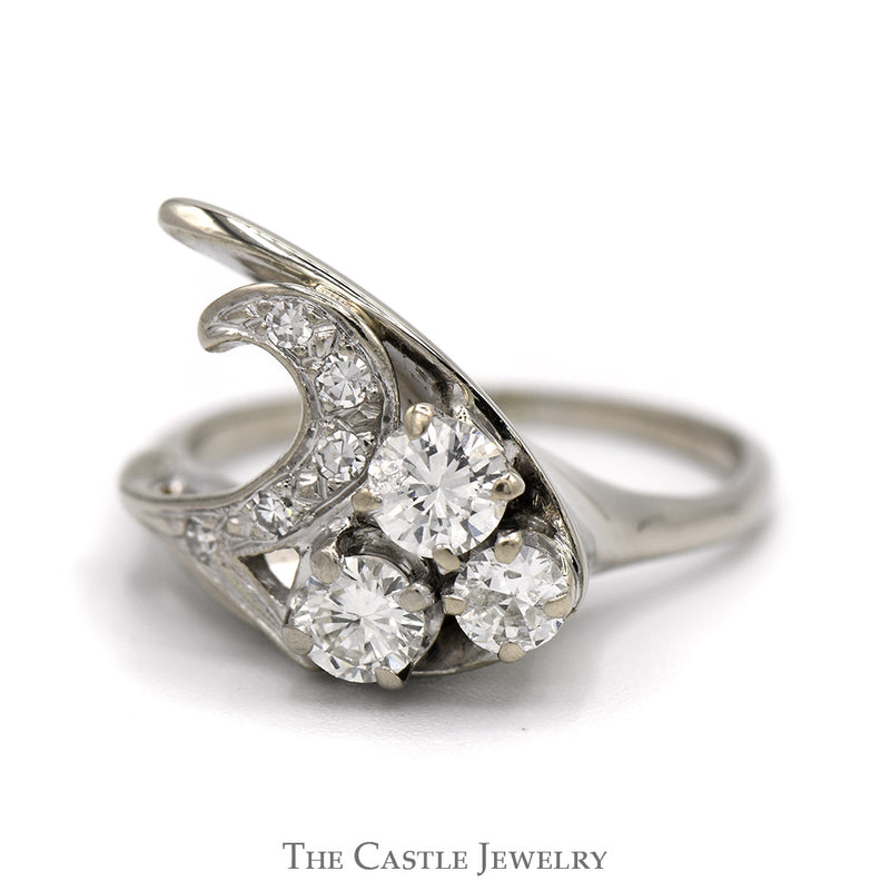 Triple Diamond Swirled Freeform Ring with Diamond Accents in 10k White Gold
