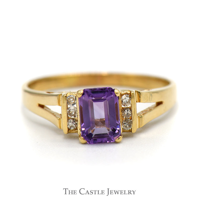 Emerald Cut Amethyst Ring with Channel Set Diamond Accents in 14k Yellow Gold