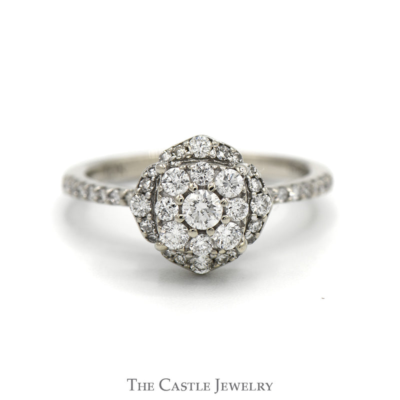 1/2cttw Round Diamond Cluster Engagement Ring with Diamond Accented Sides & Halo in 10k White Gold