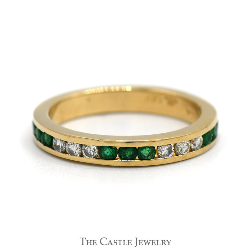 Channel Set Emerald and Diamond Band in 14k Yellow Gold