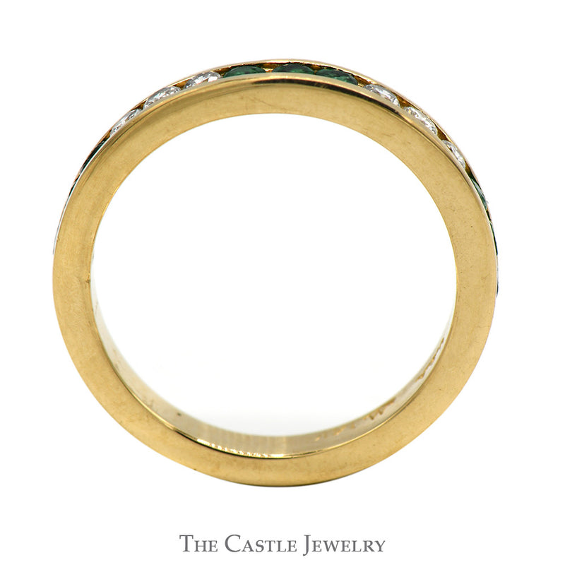 Channel Set Emerald and Diamond Band in 14k Yellow Gold