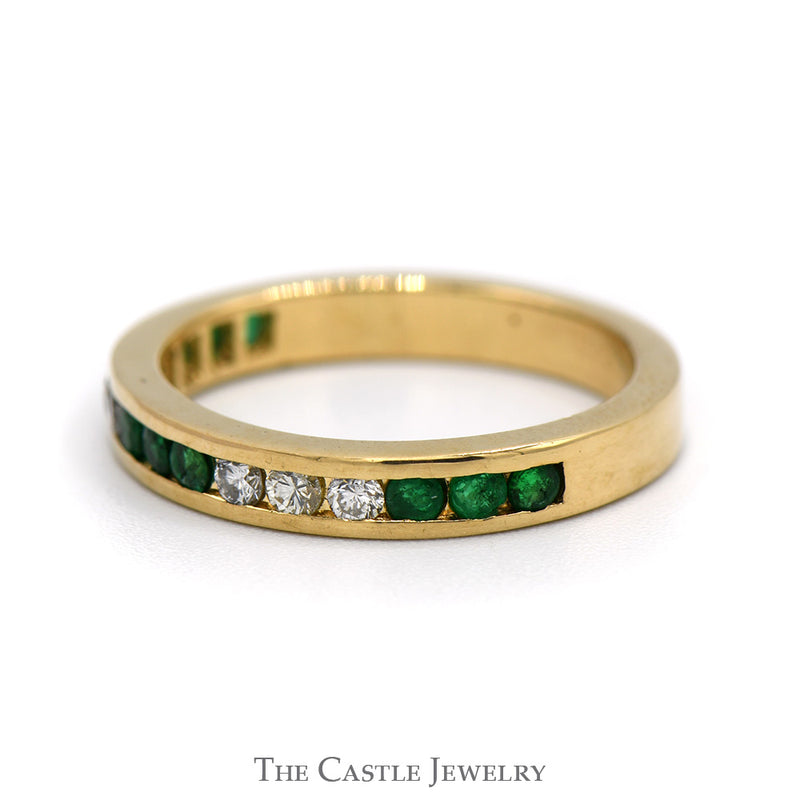 Channel Set Emerald and Diamond Band in 14k Yellow Gold