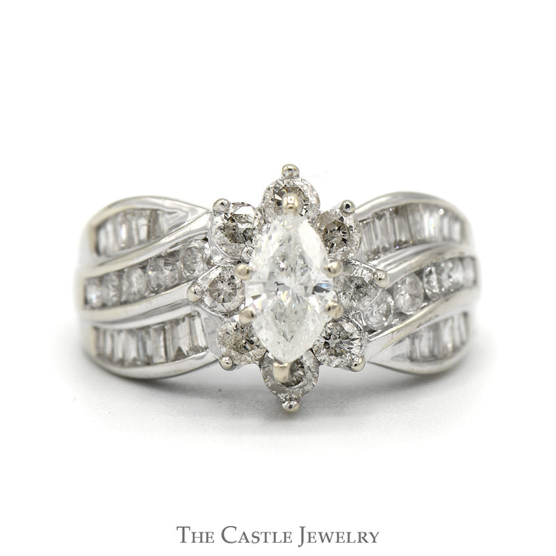 Marquise Cut Diamond Solitaire with Diamond Halo and Baguette Diamond Accented Sides in 14k White Gold