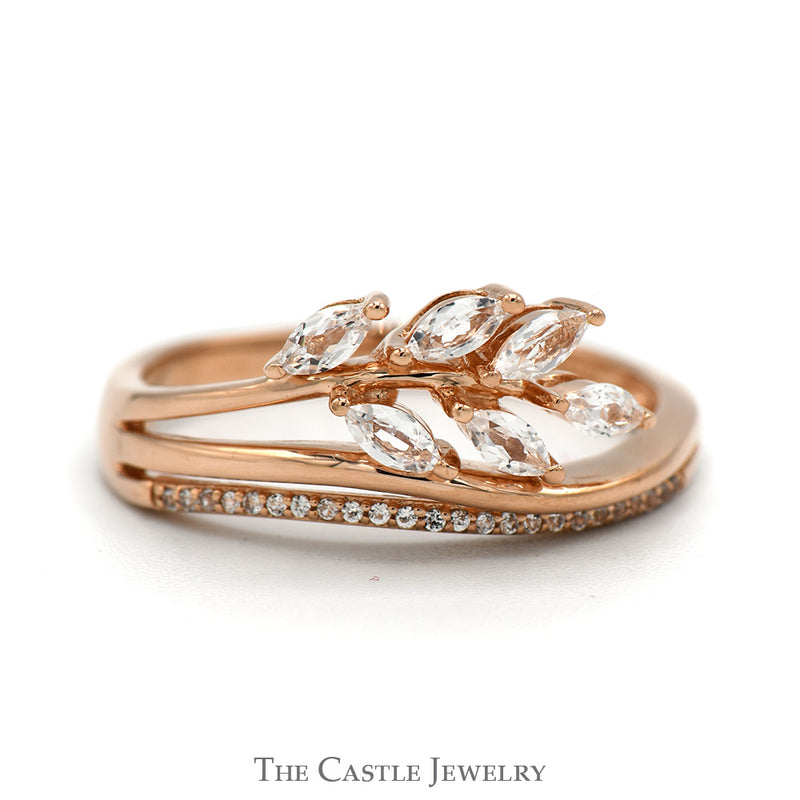 Marquise White Topaz Round Cubic Zirconia Fancy Leaf Design Stackable Band 10 Karat Rose Gold