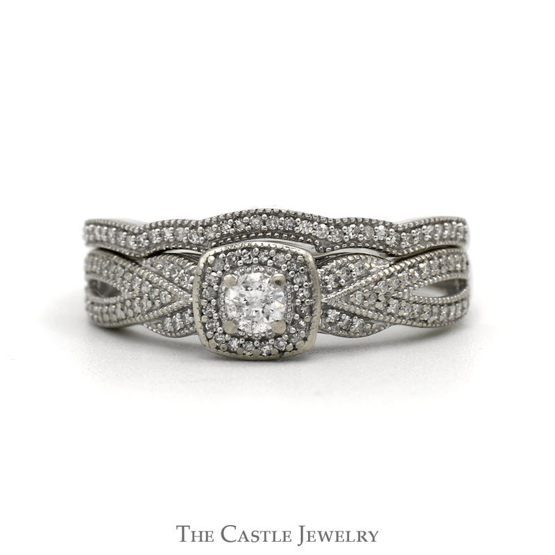 Diamond Bridal Set .75CTTW With .13CT Round Brilliant Cut Diamond With Halo And Diamond Sides In 14KT White Gold