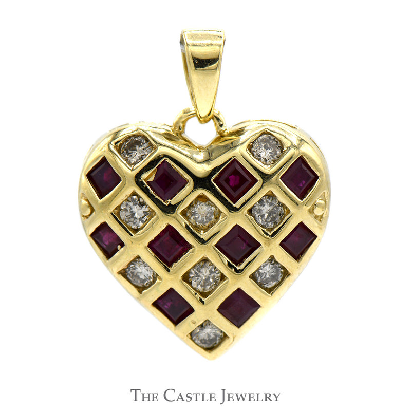 Heart Shaped Ruby and Diamond Cluster Pendant in 14k Yellow Gold