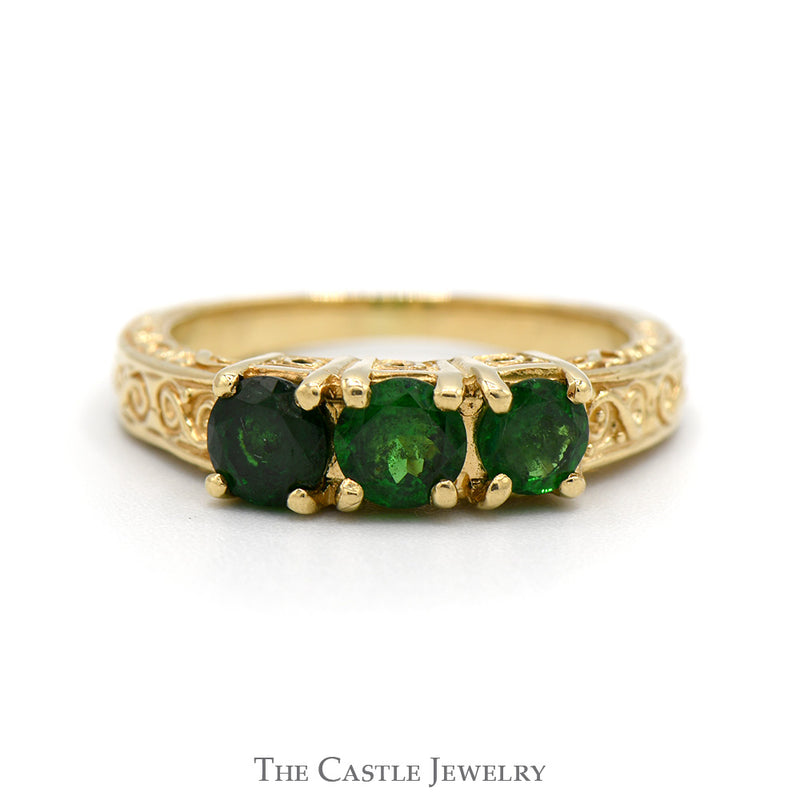 Three Stone Round Emerald Ring with Scroll Designed Sides in 14k Yellow Gold