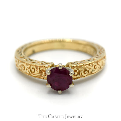 Round Ruby Ring with Floral Scroll Designed Sides in 14k Yellow Gold