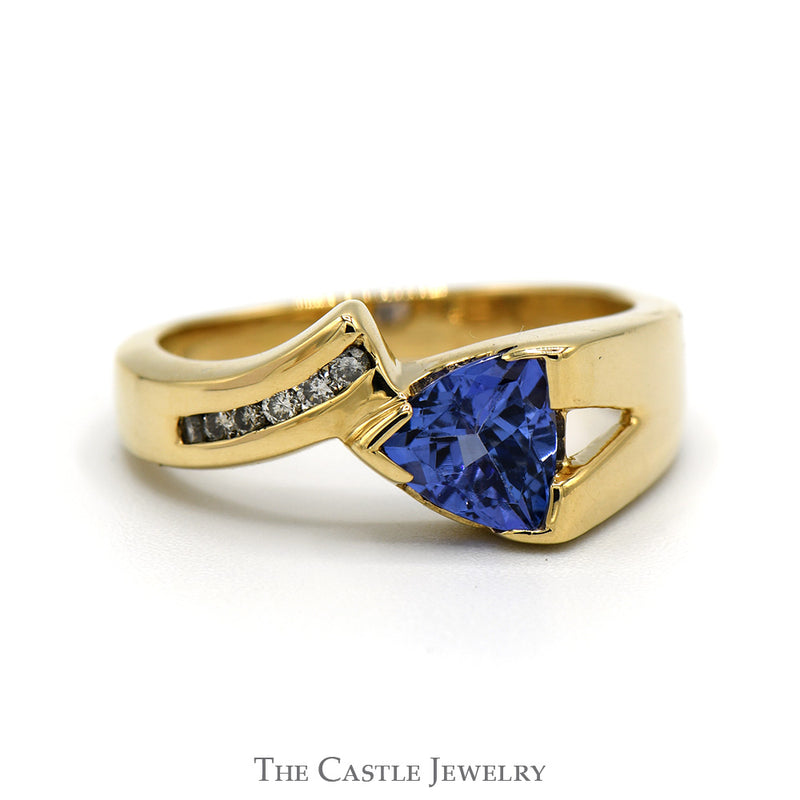 Trillion Cut Tanzanite Ring with Channel Set Diamond Accents in 14k Yellow Gold