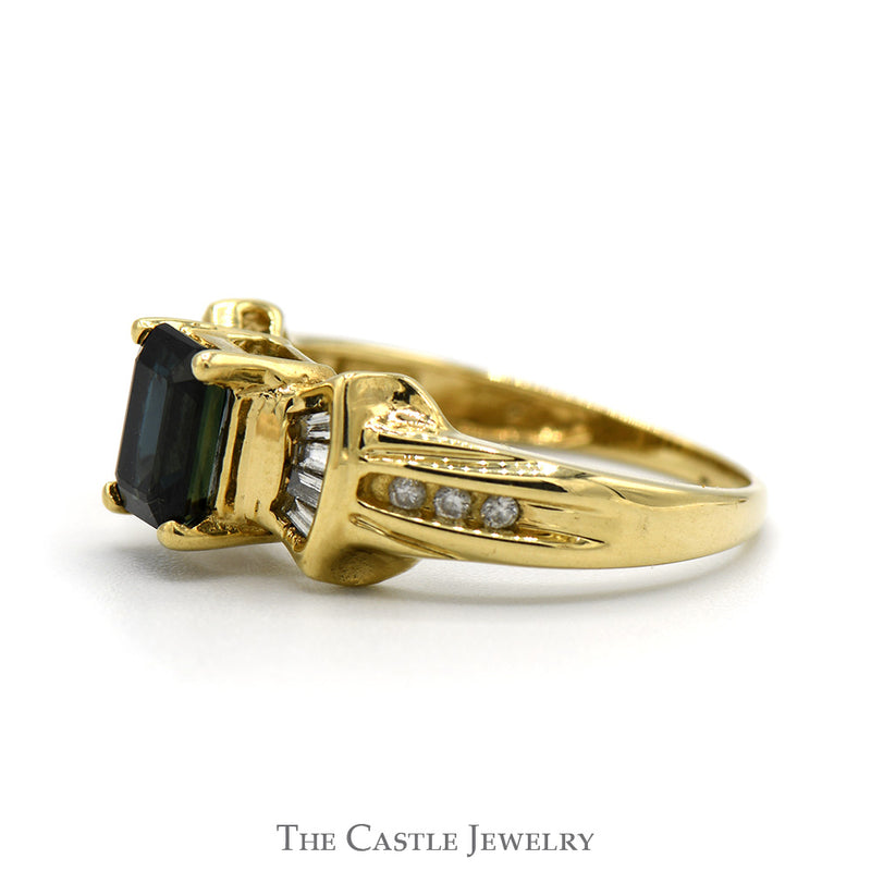 Emerald Cut Sapphire Ring with Channel Set Baguette & Round Diamond Accents in 14k Yellow Gold
