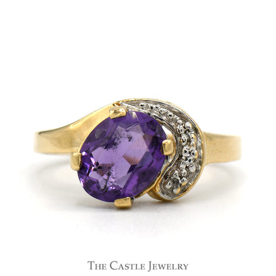 Oval Cut Amethyst Ring with Diamond Accented Swirled Design in 14k Yellow Gold