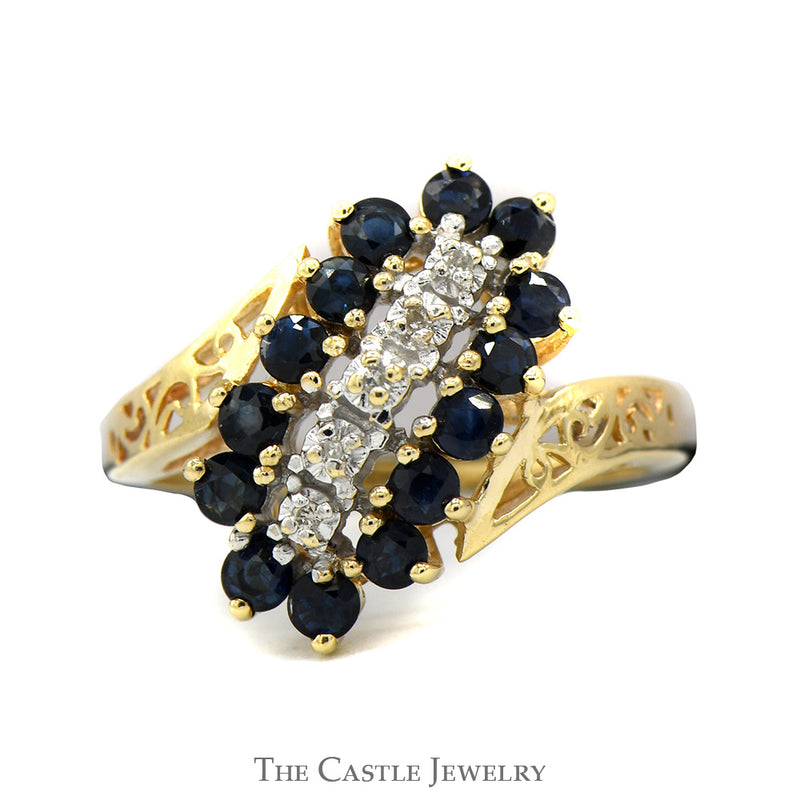 Sapphire & Diamond Waterfall Cluster Ring with Open Filigree Bypass Design in 10k Yellow Gold