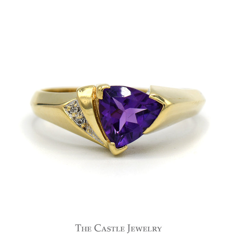 Trillion Cut Amethyst Ring with Illusion Set Diamond Accents in 10k Yellow Gold