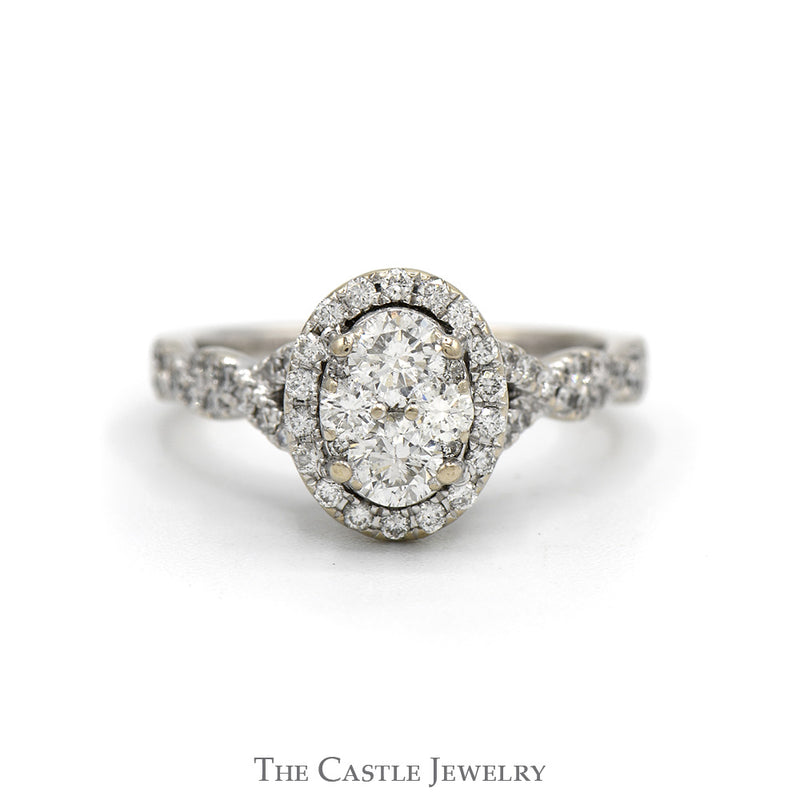 1cttw Oval Shaped Diamond Cluster Engagement Ring with Diamond Halo and Accented Twisted Sides in 14k White Gold
