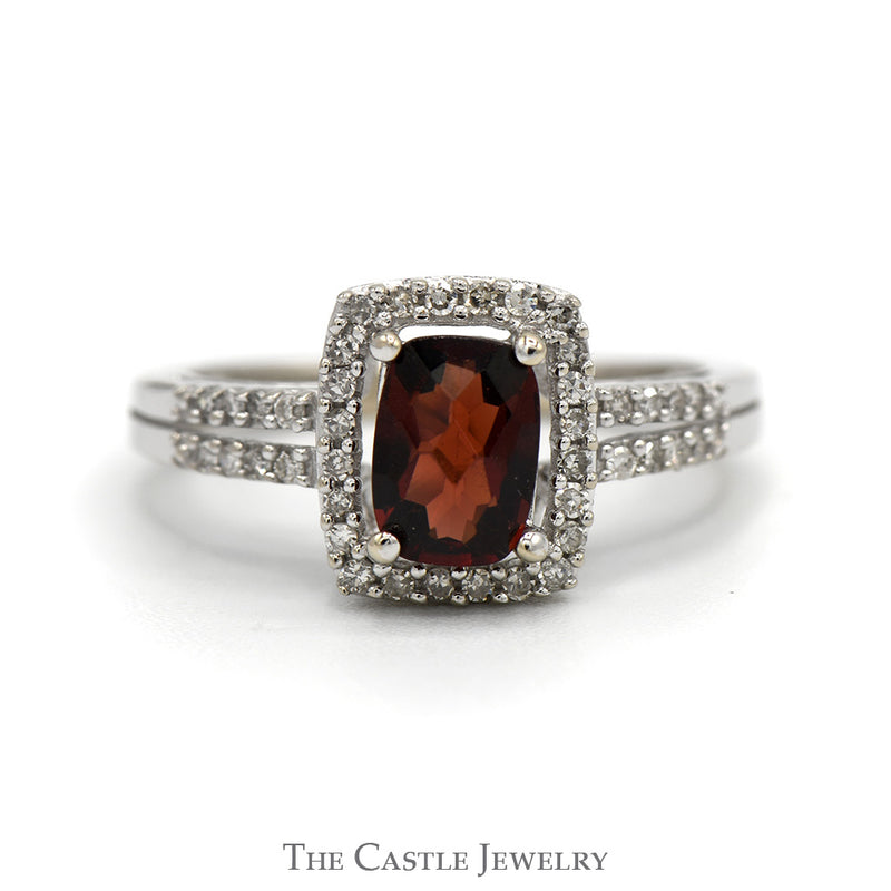 Elongated Cushion Cut Garnet Ring with Diamond Halo and Diamond Accented Sides in 14k White Gold