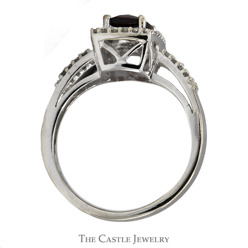 Elongated Cushion Cut Garnet Ring with Diamond Halo and Diamond Accented Sides in 14k White Gold