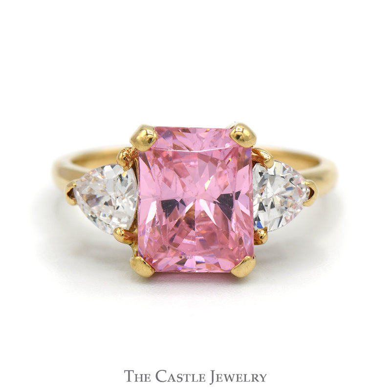 Emerald Cut Pink Ice Ring with Trillion Cut Cubic Zirconia Accents in 10k Yellow Gold