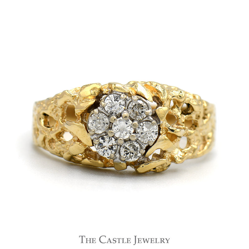 Round 7 Diamond Cluster Ring with Open Nugget Designed Sides in 14k Yellow Gold