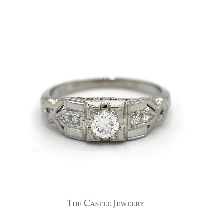 Antique Style Round Diamond Ring with Diamond Accents in 18k White Gold
