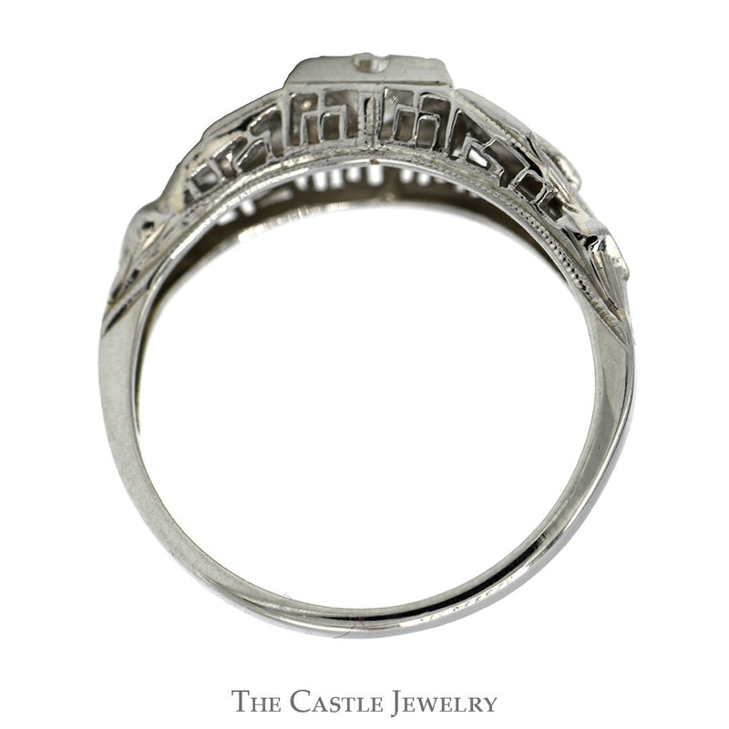 Antique Style Round Diamond Ring with Diamond Accents in 18k White Gold