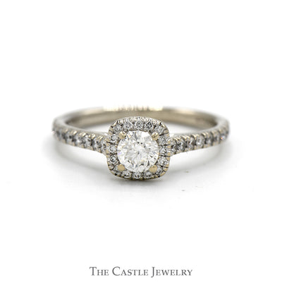 Round Diamond Engagement Ring with Diamond Halo and Diamond Accented Sides in 14k White Gold