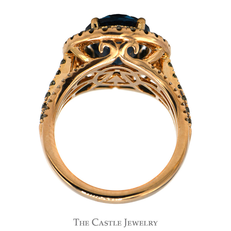 Oval Cut Blue Topaz Le Vian Designer Ring with Chocolate & White Diamond Halo in 14k Rose Gold