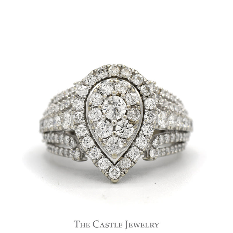 2cttw Pear Shaped Diamond Cluster Ring with Diamond Halo and Accented Sides in 10k White Gold