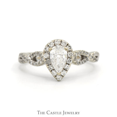 Pear Cut Diamond Engagement Ring with Diamond Halo and Accented Twisted Sides in 14k White Gold