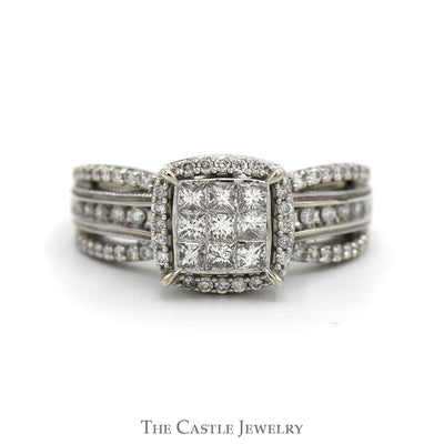 Invisiset Princess Cut Diamond Cluster Ring with Diamond Halo and Accented Split Sides in 10k White Gold